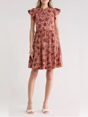 Ulla Johnson Floral Ruffle Sleeve Tiered Mini Dress Rust Size 12